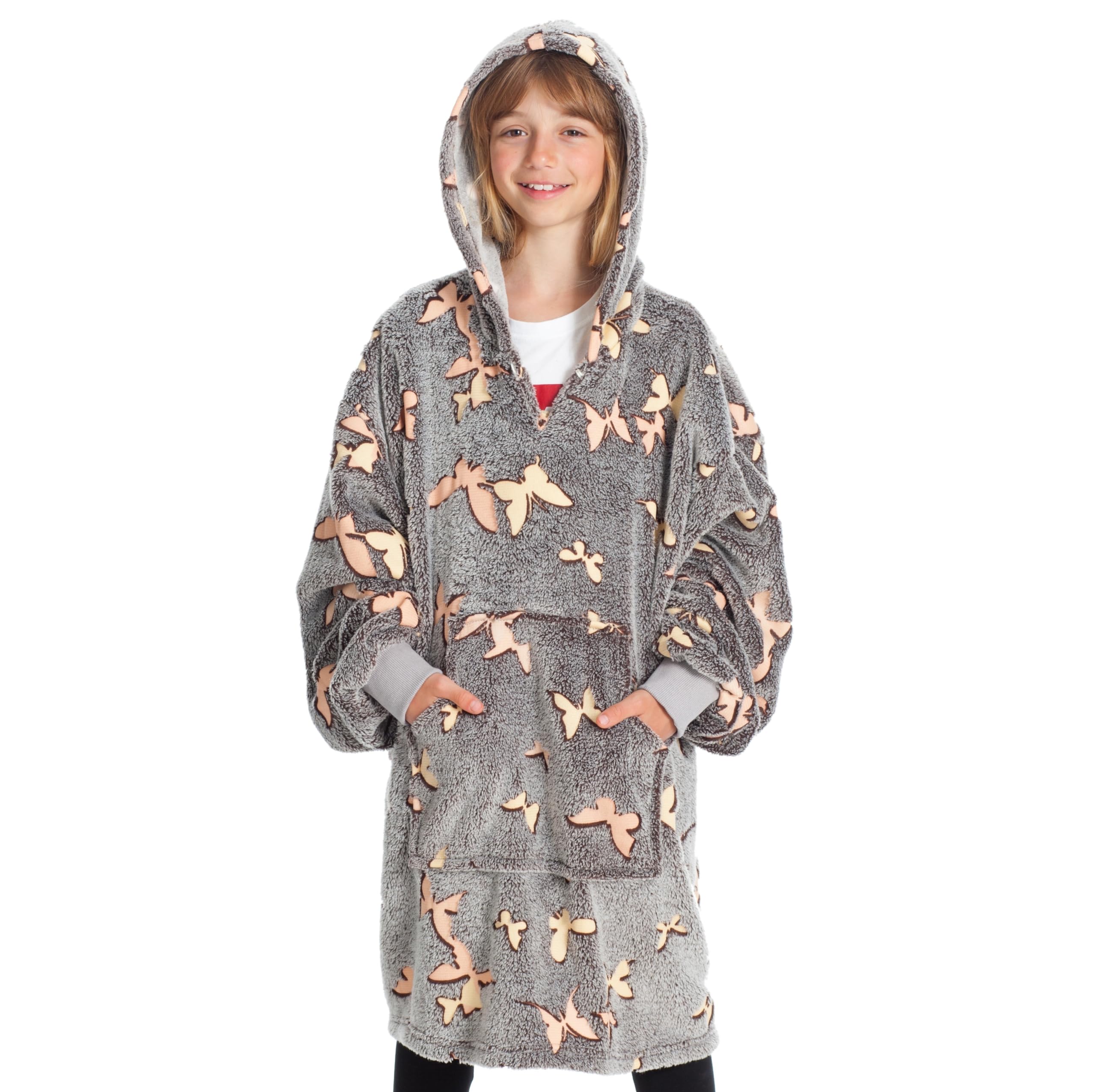 Kanguru Fluffi Hoodie Fleece Throw Sweatshirt – Kangurone Fluffy Microfiber Oversized Wearable Blanket Glow in the Dark Butterflies with fur effect, Grey, for Kids size 75x75cm