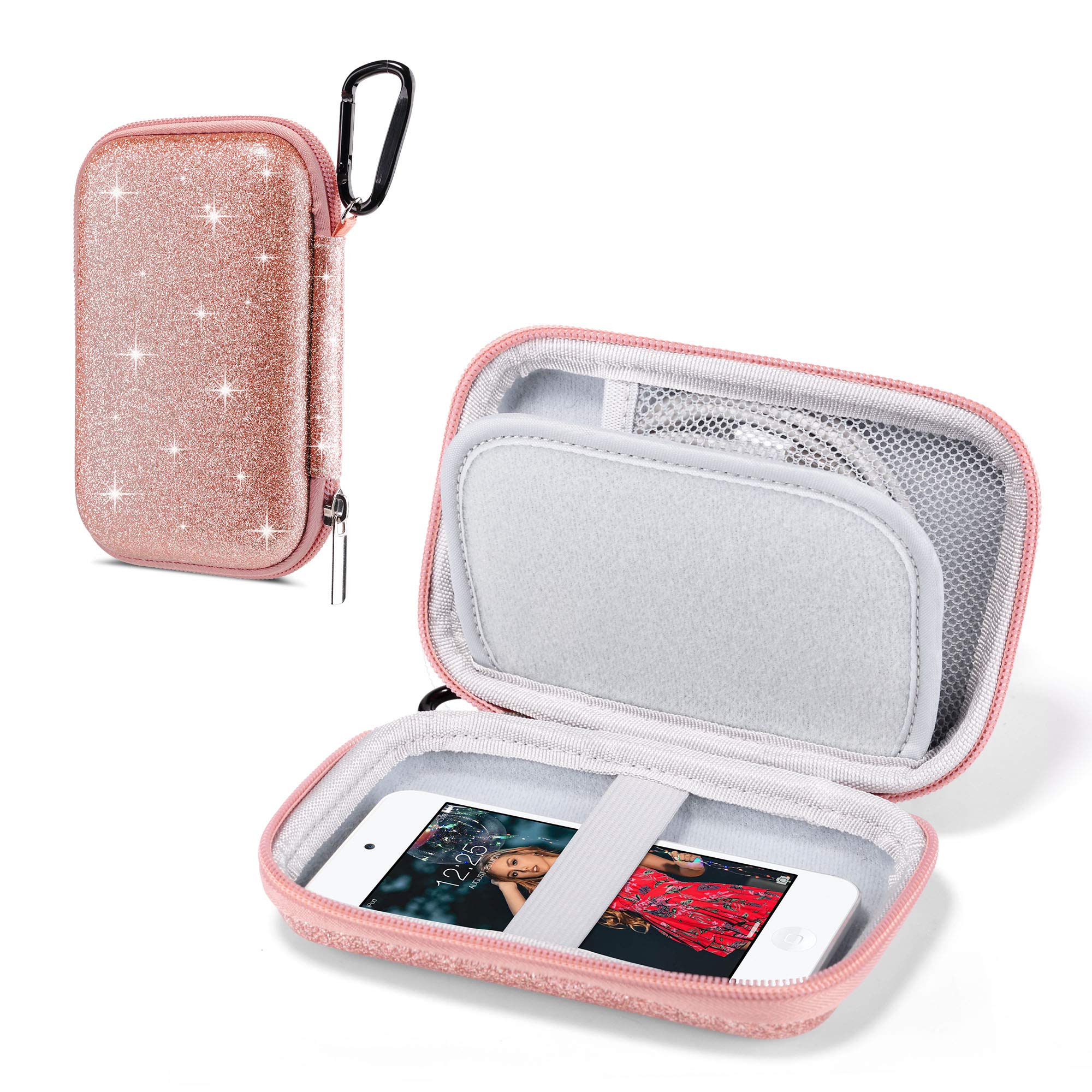 ULAK MP3 Player Case, Hard Travel Case Protective Storage Bag for Bluetooth MP3/MP4/MP5 Players/Earphones/iPod Touch/Mobile Power/USB Cable - Pink Glitter