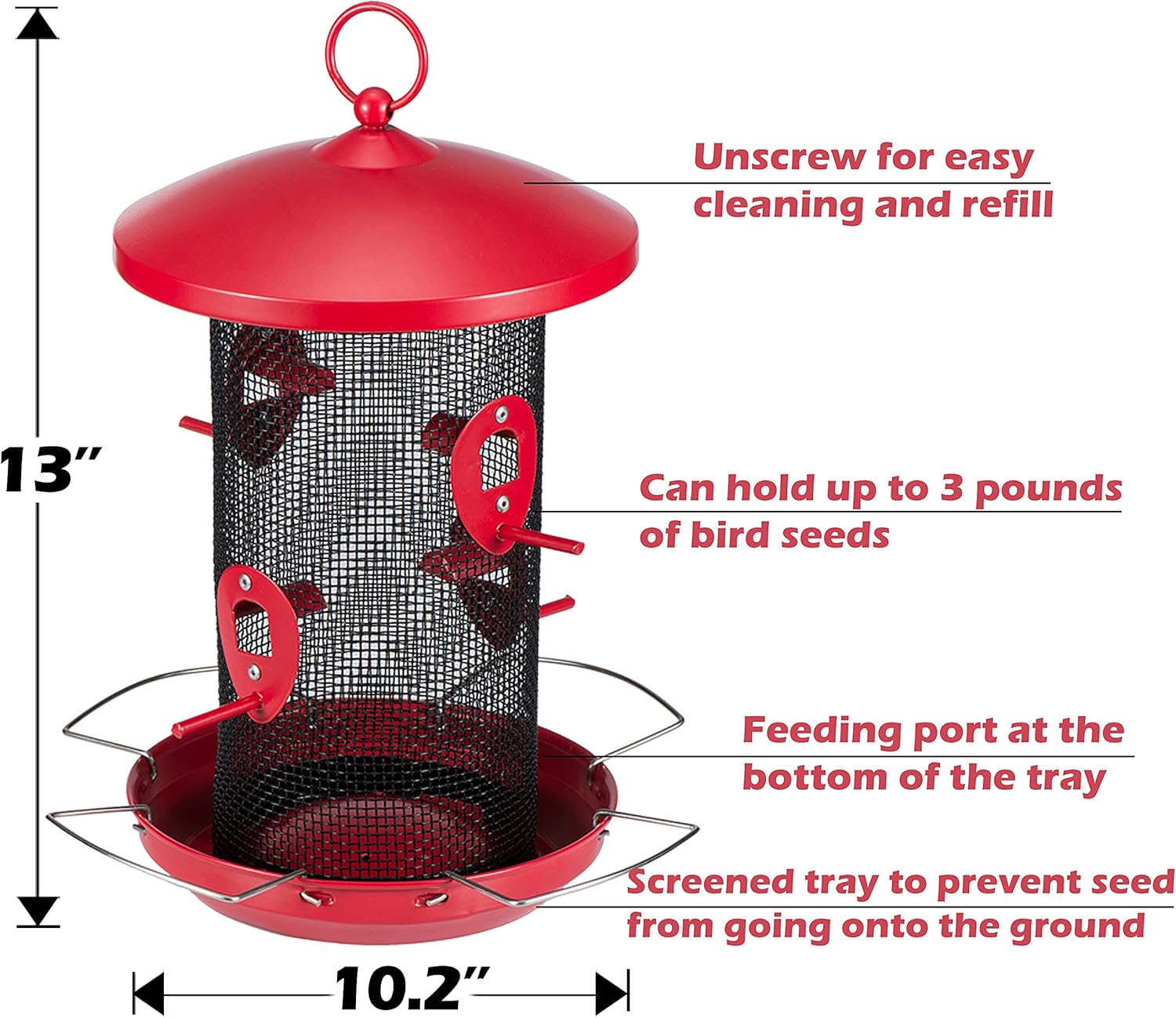 Birdream Bird Feeder for Outside Hanging Metal Mesh Wild Bird Feeders Heavy Duty Large Red Birdfeeder with 4 Feeding Ports Holds More Bird Seed Capacity Decoration for Garden Yard Attracting Birds : Garden & Outdoor