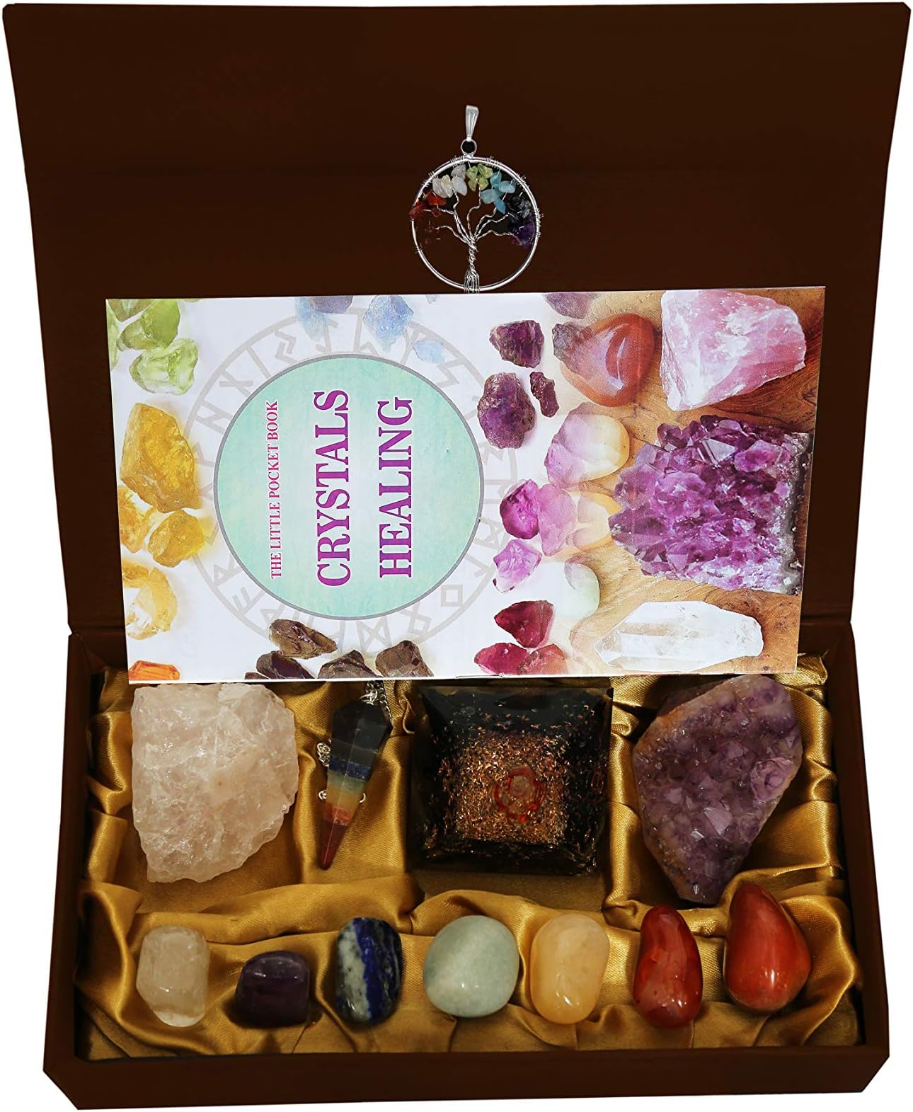 Crystals Healing Stones Chakra Mineral Starter Set/Crystal Healing Kit of 13 Pieces 7 Chakra Tumbled Gemstones, Reiki, Chakra, Healing, Bohemian, Natural with Reiki Dewsing Pendulum, Amethyst Cluster
