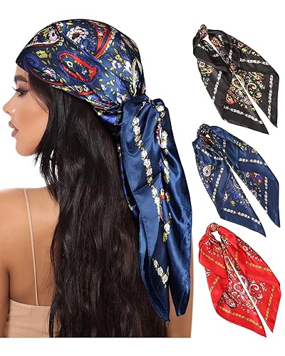 AWAYTR 35' Large Square Satin Head Scarf 3Pcs Satin Hair Scarves Silk  Bandana Headscarf Silk Feeling Scarf for Women (Paisley(blue/Black/Red)) in 
