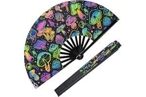 ERDOGLY UV Glow Rave Hand Fan, Large Folding Hand Rave Fan, Festival Fan, Fabric Folding Fan Chinese Japanese Clack Fan for Music Party Drag Queene Dance Performance Decoration Gift