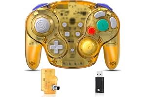 SAFFUN 2.4 GHz Wireless GameCube Switch Pro Controller, for NGC GameCube Console, Switch/Switch OLED, PC, Steam Deck (Built-in Rumble) (Rechargeable) (Plug and Play) Clear Yellow