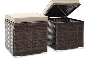 Tangkula 2 Pieces Patio Ottomans, Patiojoy Hand-Woven PE Rattan Side Table with Removable Cushion & Hidden Storage Space, Mul
