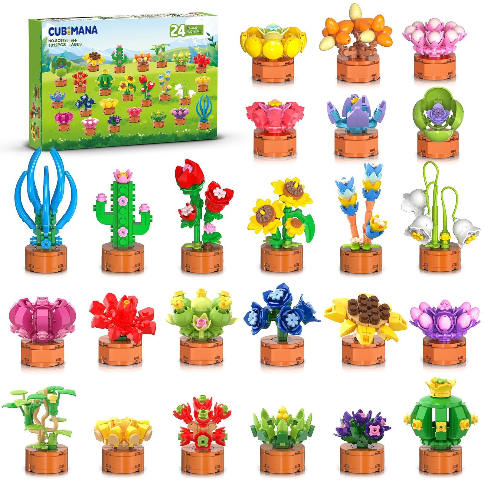 24 Pack Flowers Succulent Party Favors for Kids Building Set - 1012pcs Botanical Bonsai 3.6mm Mini Building Blocks Toy for Easter Basket Fillers Classroom Prize Stocking Stuffer Gift for Girl Boy 6+