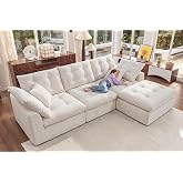 Nordivale 110" Oversized Cloud Sectional Boneless Couch, Modular Chenille L-Shaped Compressed Sofa with Ottoman &amp; 3-in-1 Multi-Purpose Pillow, 3 Seater Memory Foam Couches for Living Room, Beige