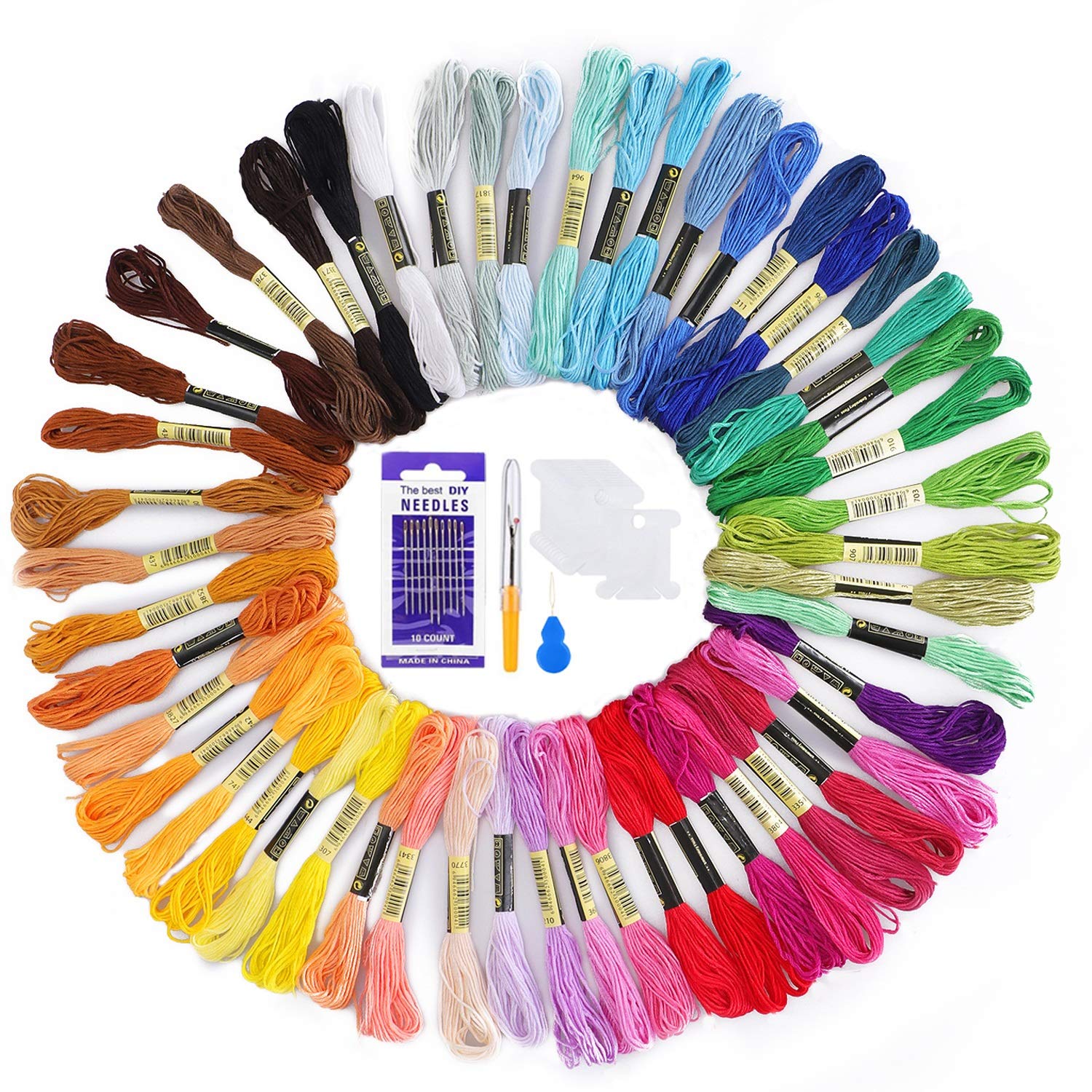 AUERVO Embroidery Threads 50 Skeins Per Pack Embroidery Floss,Cross Stitch Threads，Friendship Bracelets Floss，Crafts Floss Rainbow Color with Free Embroidery Needles,Floss Bobbins