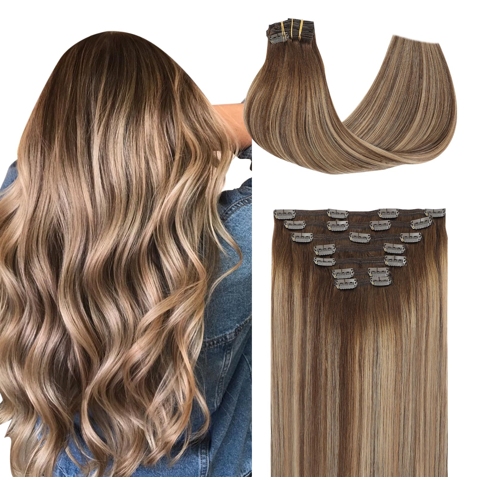 Clip in Hair Extensions Human Hair,Chocolate Brown