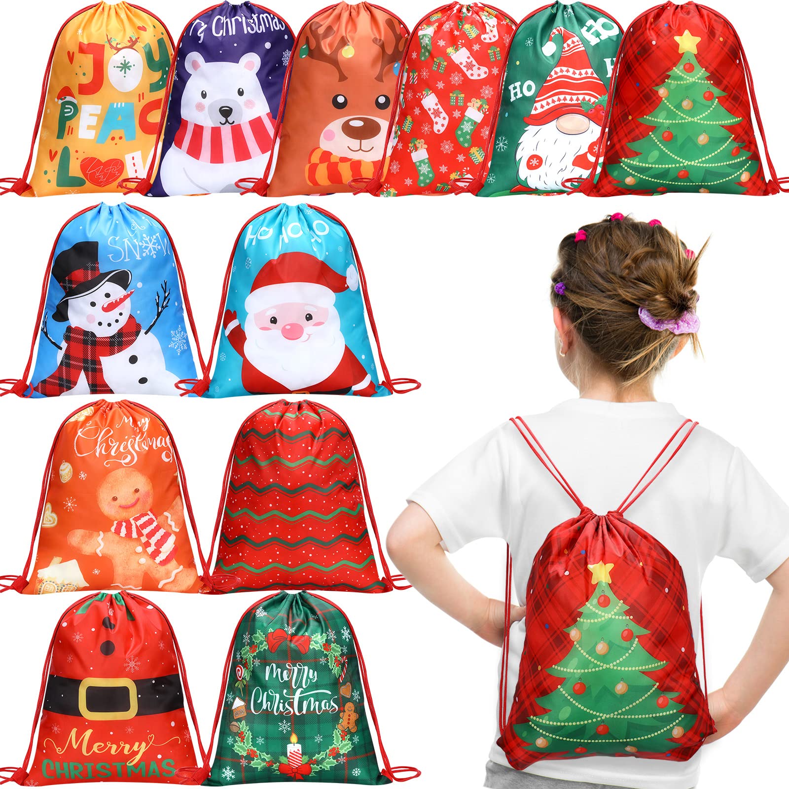12 Pcs Christmas Party Favors Bags for Kids Drawstring Backpack Santa Claus Goodies Snack Treat Gift Bags Presents Wrapping for Xmas Winter Holiday Birthday Party (13.2 x 16.3 Inch)
