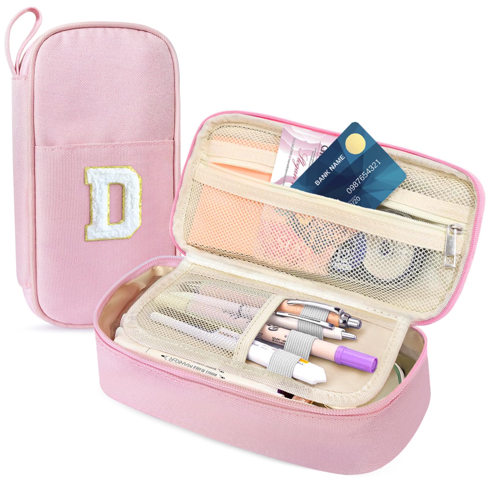 Photo 1 of Idefair Cute Pencil Case, Preppy Pencil Pouch Aesthetic Pen Case with Finger Loop, Large Capacity Pencil Bag with Double Zipper School Supplies for Girls (Pink, Letter D)