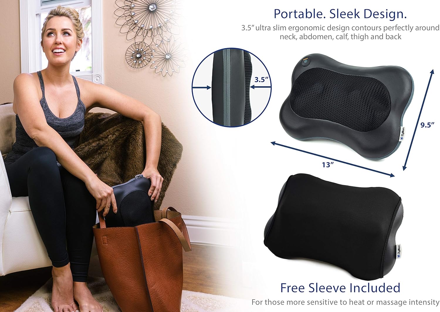 Zyllion Shiatsu Back and Neck Massager - Kneading Massage Pillow with Heat for Shoulders, Lower Back, Calf - Use at Home and Car, Black, (ZMA-13-BK): Home & Kitchen