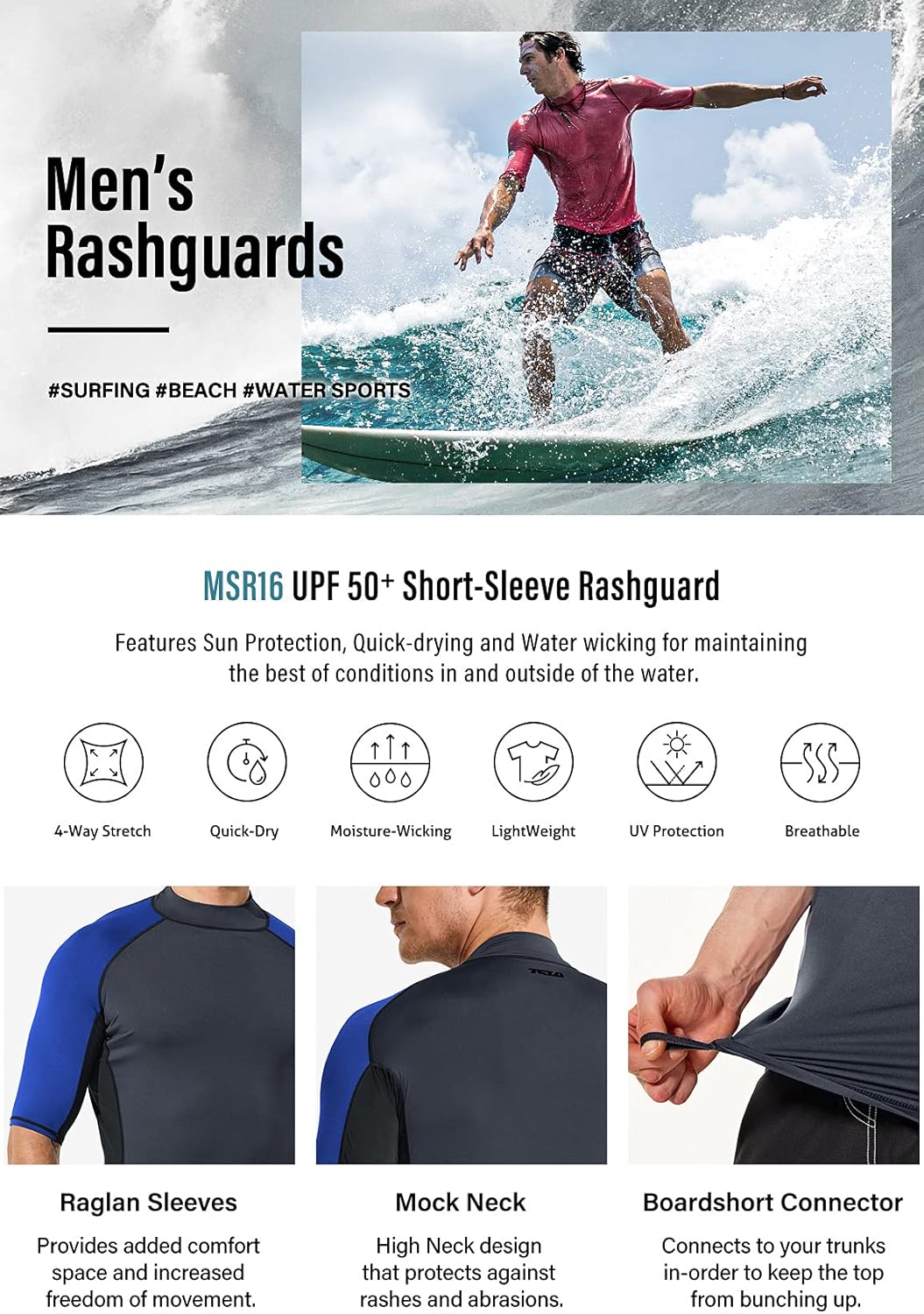 TSLA Men's Rash Guard Swim Shirts, UPF 50+ Quick Dry Mid/Short Sleeve Swimming Shirt, UV/SPF Water Surf Shirts: Sports & Outdoors