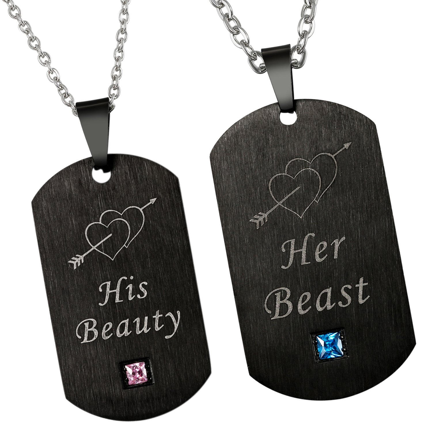 Oidea His Beauty Her Beast Stainless Steel CZ Dog Tag Pendant Necklace for Couples Wedding Anniversary