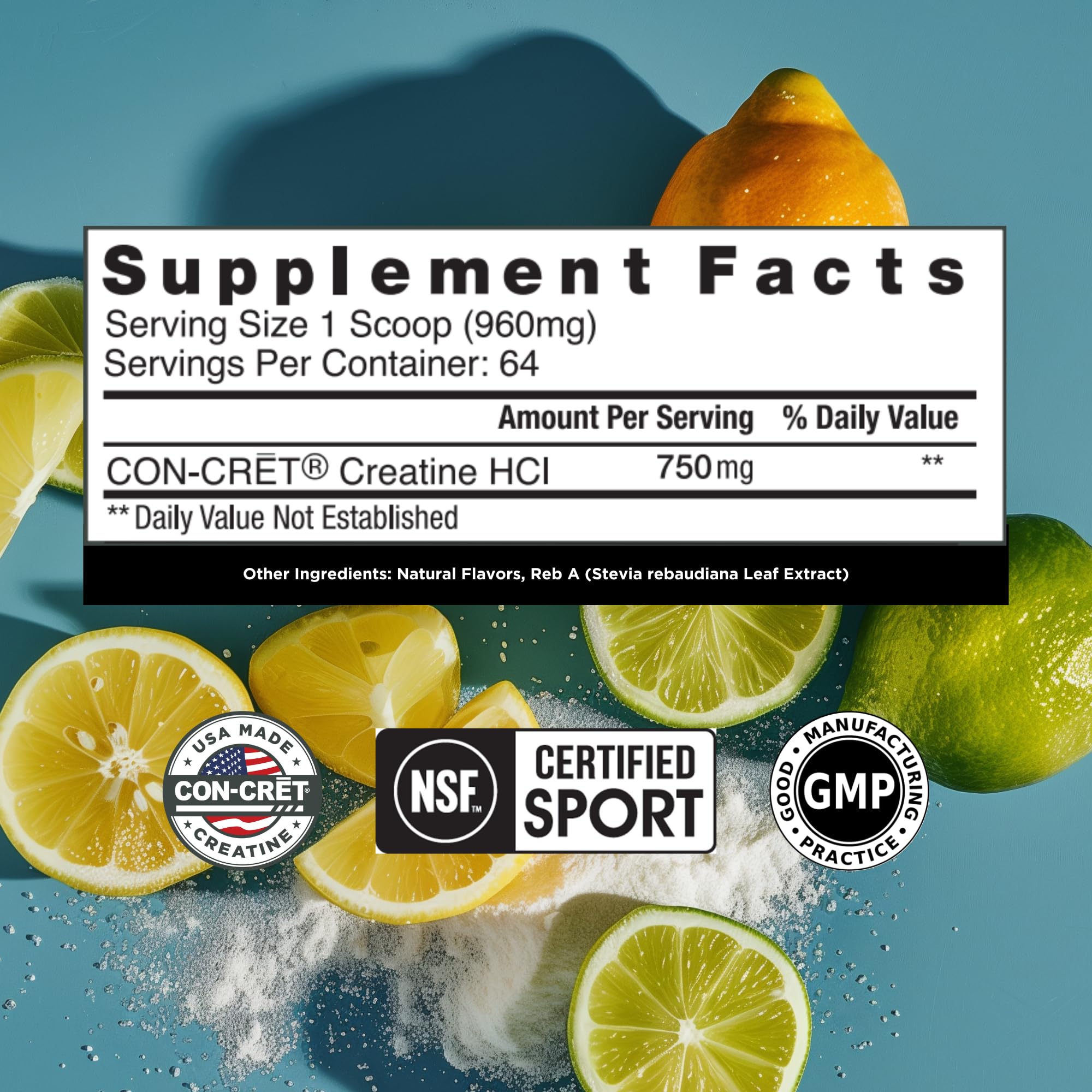CON-CRET Creatine HCl Powder | Muscle, Cognitive, Cellular Energy Support | No Bloating or Cramps | USA Made & NSF Certified | Lemon Lime (64 Serving)