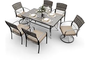 Pamapic 7 Piece Patio Dining Set for 6,Wicker Outdoor Furniture Set for Backyard Garden Deck Poolside with Iron Slats Table Top,4 Dining Chairs and 2 Swivel Rockers,Removable Cushions(Beige)