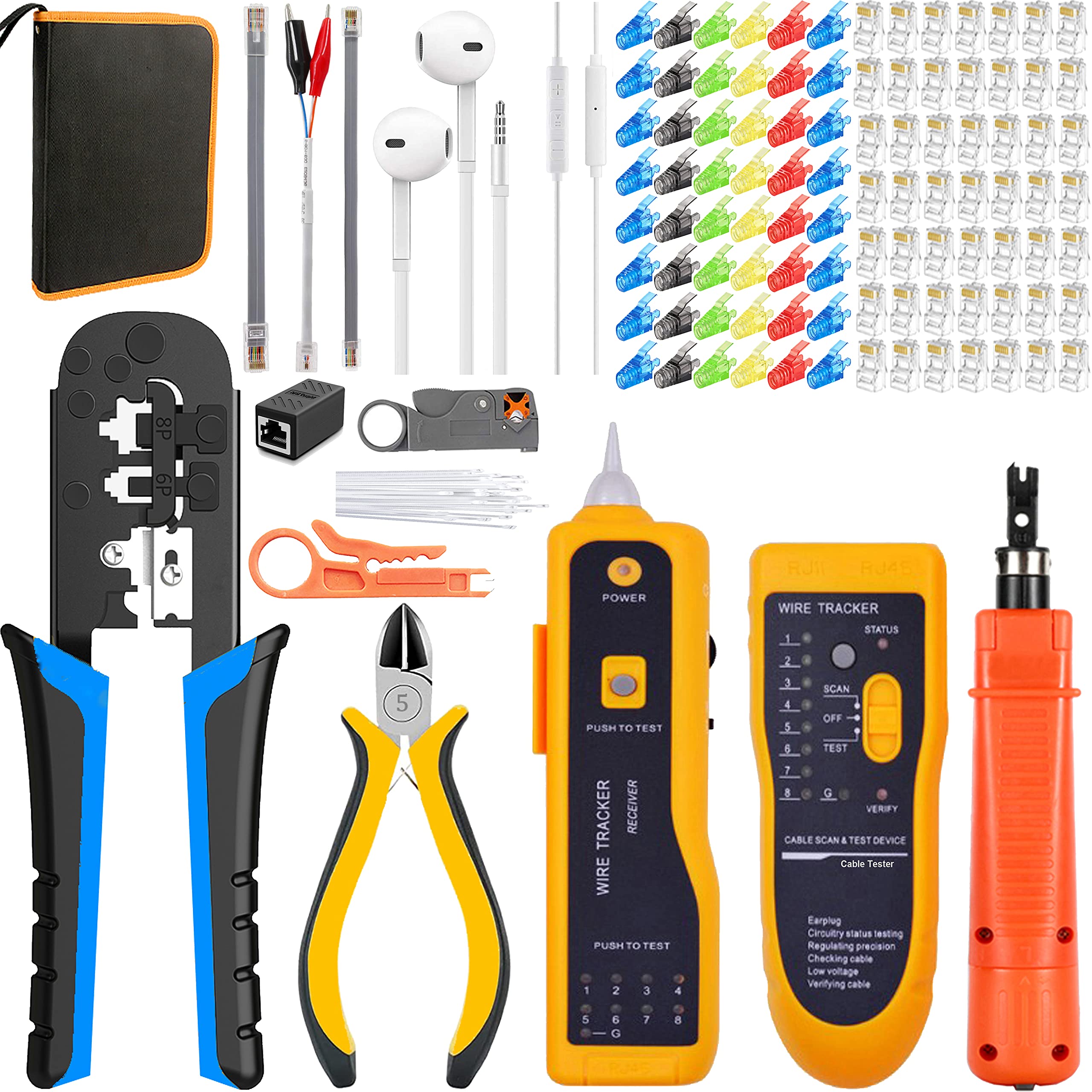 MAYLINE RJ45/RJ12/RJ11 Crimp Tool, Ethernet Computer Maintenance Cat5 Cat6 Cable Tester Repair Wire Stripping Cutter, 6P 8P Crimper Cutter, Network Crimping Tool Kit Set(Blue)