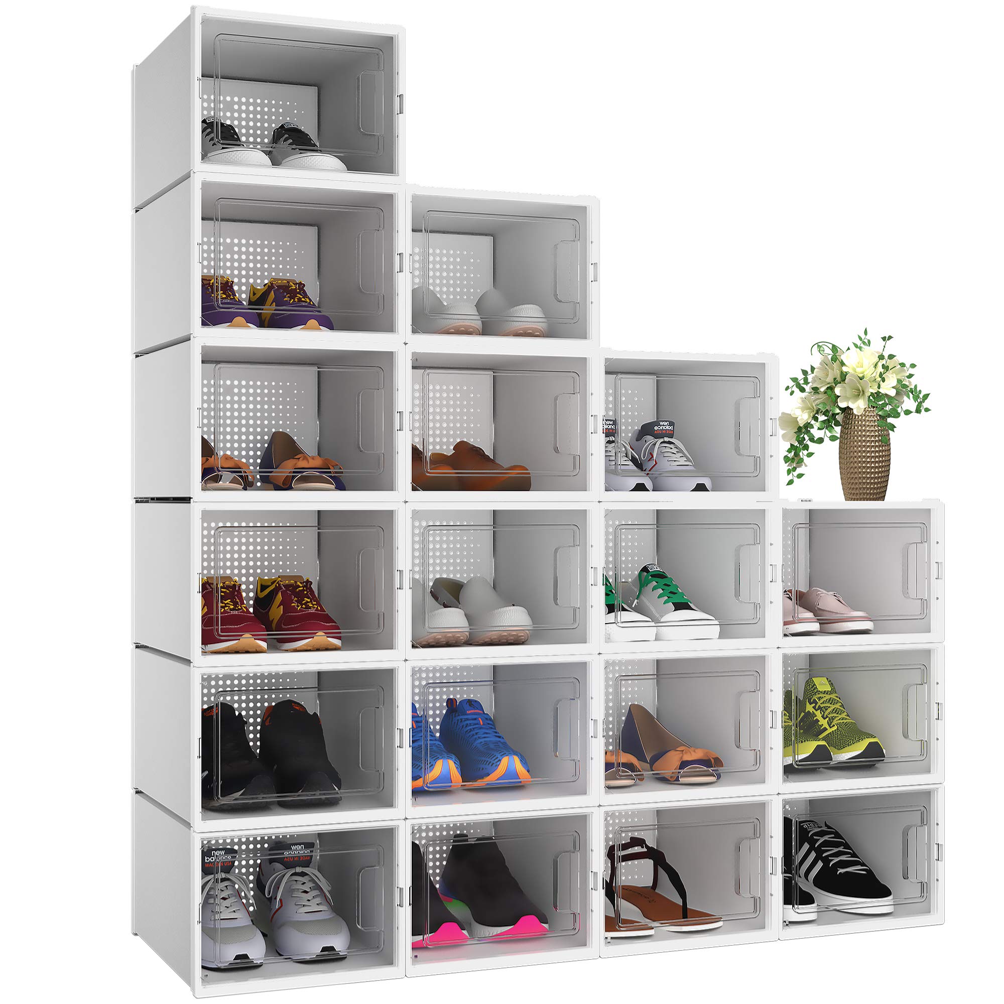 YITAHOME Shoe Box, Set of 18 Shoe Storage Organizers Stackable Shoe Storage Box Rack Containers Drawers - White/Medium Size