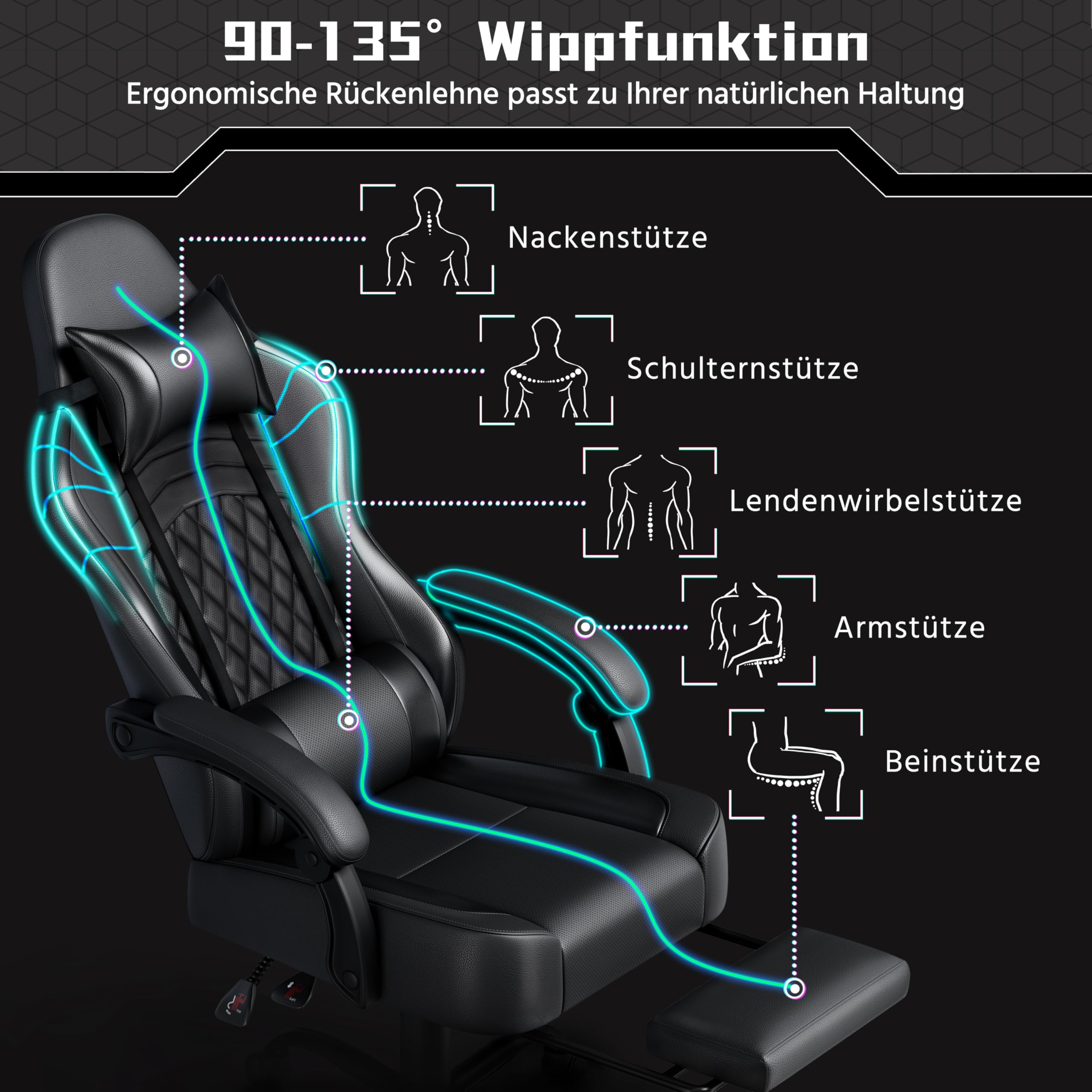 Yaheetech Gaming Stuhl, Ergonomischer Gaming-Stuhl mit Massagefunktion & Ausziehbarer Fußstütze, Verstellbare Rückenlehne, Höhenverstellbar, PC-Stuhl Computerstuhl Drehsessel (Schwarz) 8