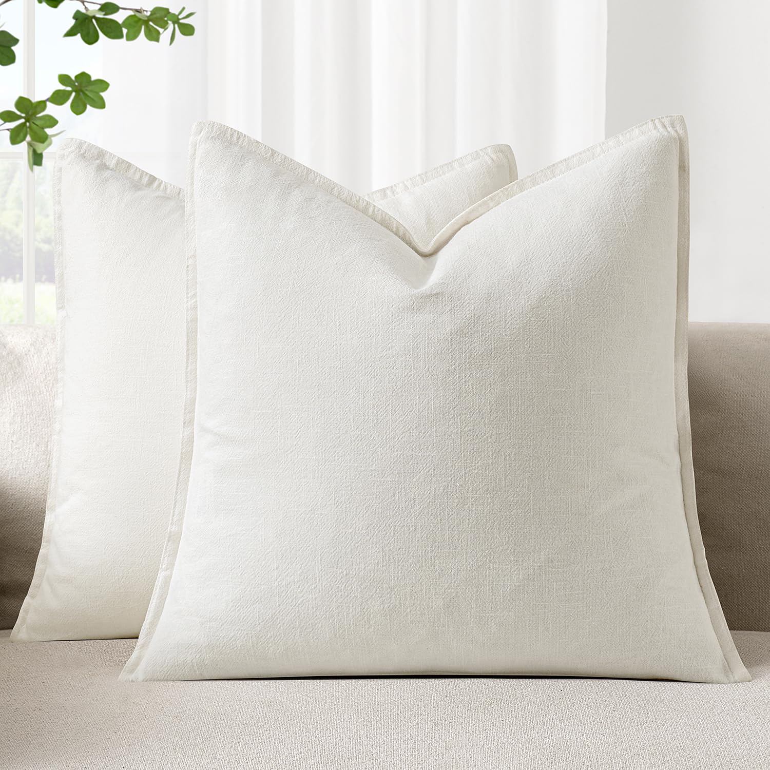 Photo 1 of Woaboy 26x26 Inch Set of 2 Euro Sham Decorative Linen Solid Throw Pillow Covers Boho Accent Farmhouse Pillowcases Modern Netural Christmas Home Decor for Bed Couch Sofa Living Room,Cream White