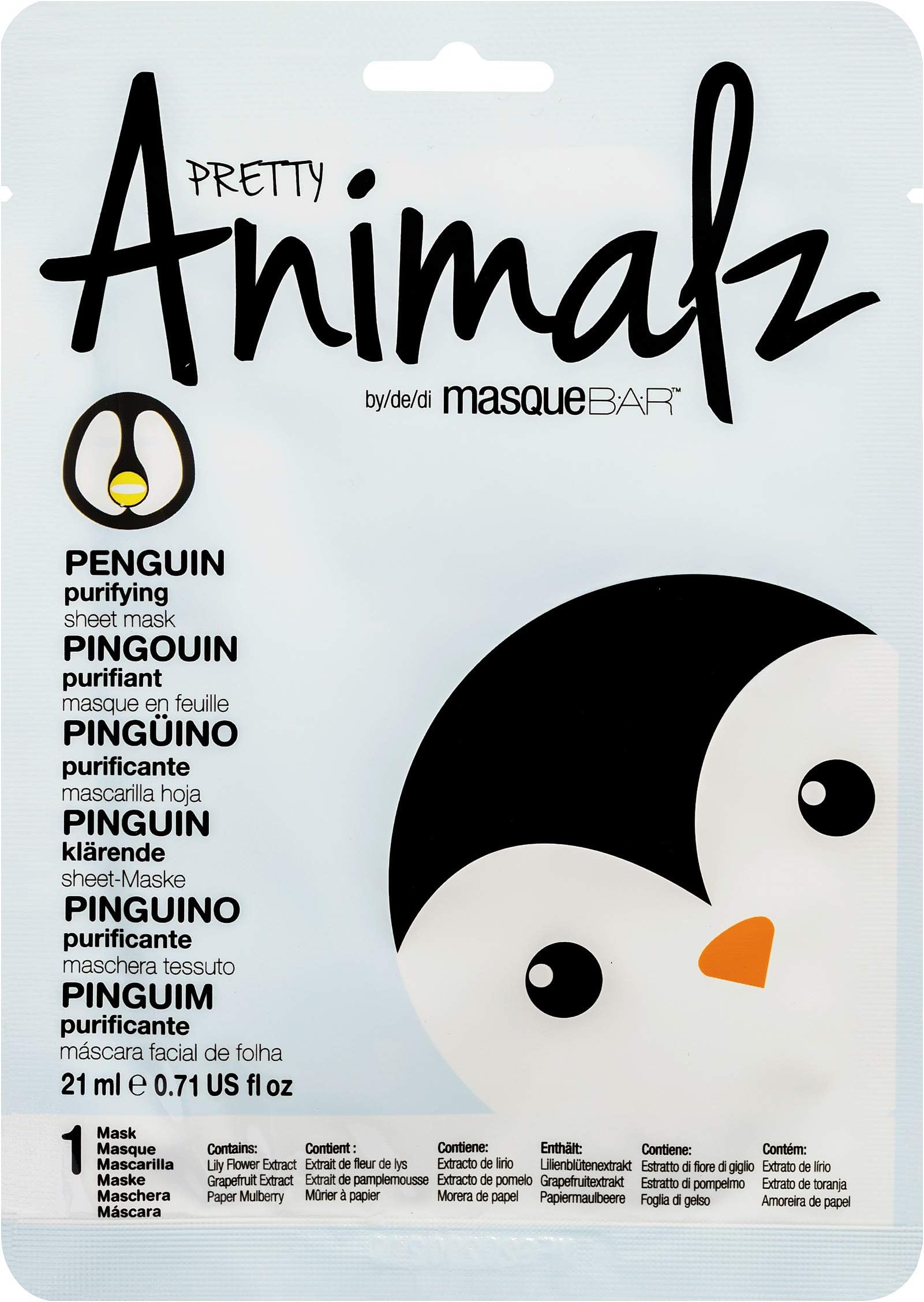 masque BAR Pretty Animalz Penguin Facial Sheet Mask (1 Pack) — Korean Beauty Skin Care Treatment — Purifies, Combats Redness, Brightens, Skin Cell Renewal — Spa Fun Face Mask Sheets Animal Characters