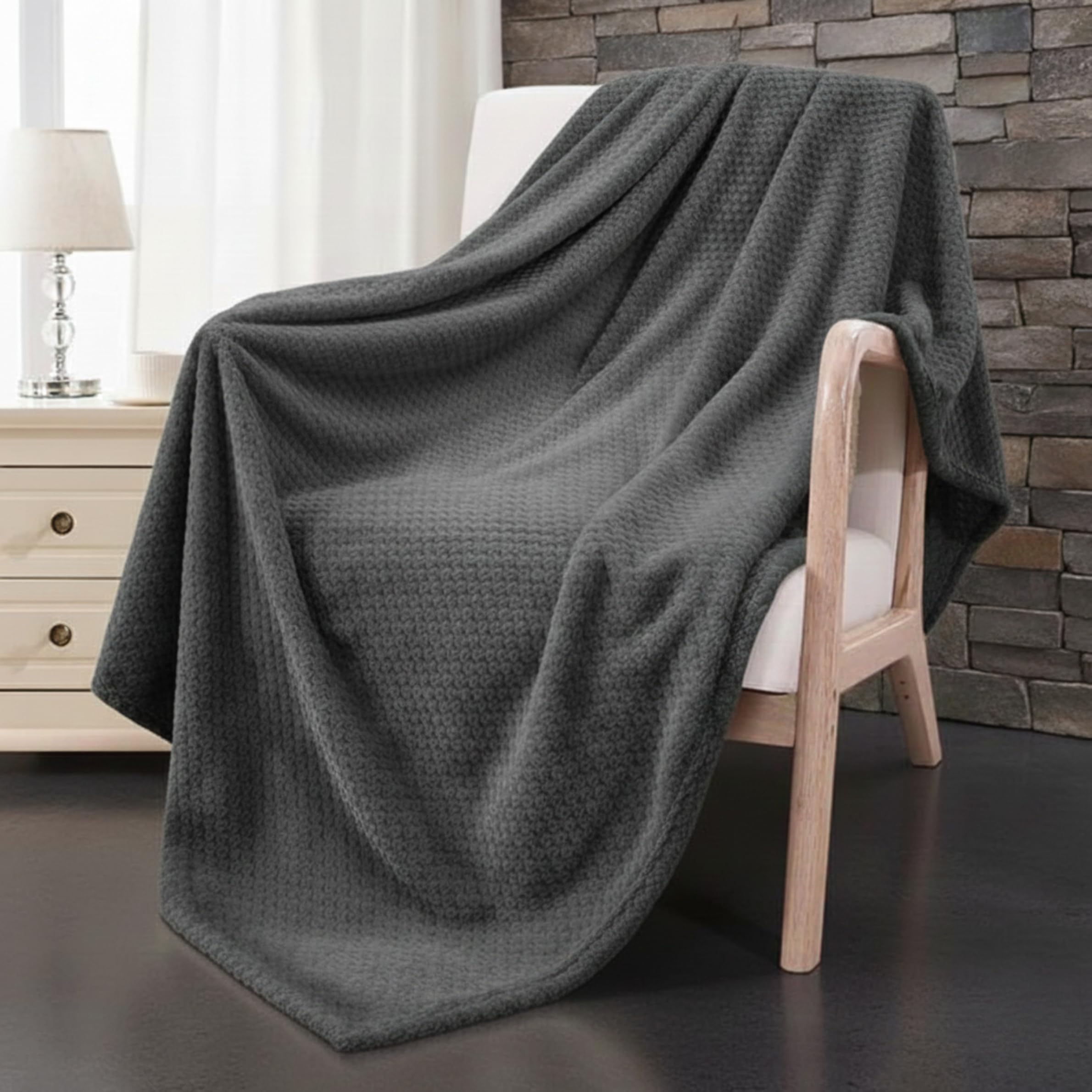 Dolce Vari Premium Waffle Whisper Fleece Throw Blankets Honeycomb Super Soft Warm Cozy Over Sofa Bed Throw Blanket (Charcoal, Single)