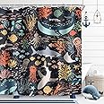 Riyidecor Kids Shark Fish Shower Curtain for Bathroom Decor 60Wx72H Coastal Nautical Sea Ocean Whale Funny Cartoon Underwater Turtle Art Printed Fabric Polyester Waterproof 12 Pack Plastic Hooks