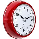 Bernhard Products Retro Wall Clock 9.5 Inch Red Kitchen 50's Vintage Design Round Silent Non Ticking Battery Operated Quality Quartz Clock