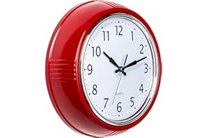 Bernhard Products Retro Wall Clock 9.5 Inch Red Kitchen 50's Vintage Design Round Silent Non Ticking Battery Operated Quality Quartz Clock