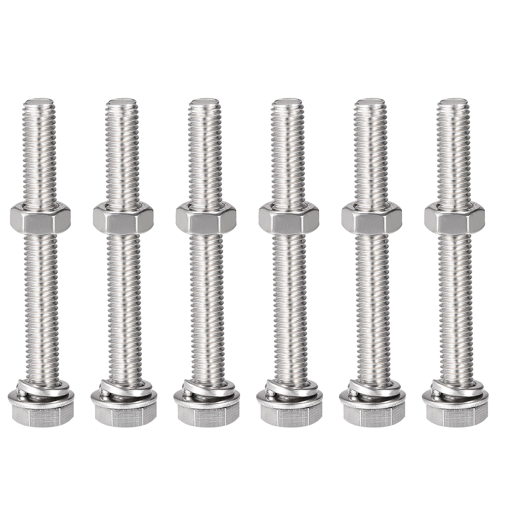 sourcing map M8 x 65mm Hex Head Screws Bolts, Nuts, Flat & Lock Washers Kits, 304 Stainless Steel Fully Thread Hexagon Bolts 6 Sets