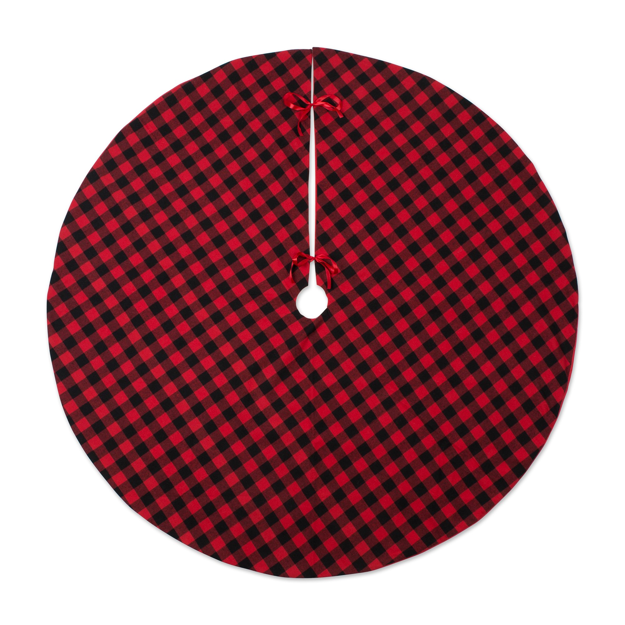DII Christmas Tree Skirt Decorative Mat, Metal Base Cover for Live or Artificial X-mas Tree, 48" Diameter, Farmhouse Buffalo Check, Red & Black