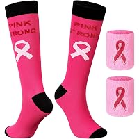 Breast Cancer Awareness Pink Ribbon Socks & Wristbands Set – 1 Pair Crew Socks + 2 Wrist Sweatbands