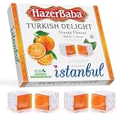HazerBaba Turkish Delight Candy Orange Flavour, 8.8 Oz (Pack of 1) | Lokum, Middle Eastern Sweets, Gluten Free Candy Variety Pack, Vegan Snack Box, Small Gift Box, Kosher Dessert, Halal Food
