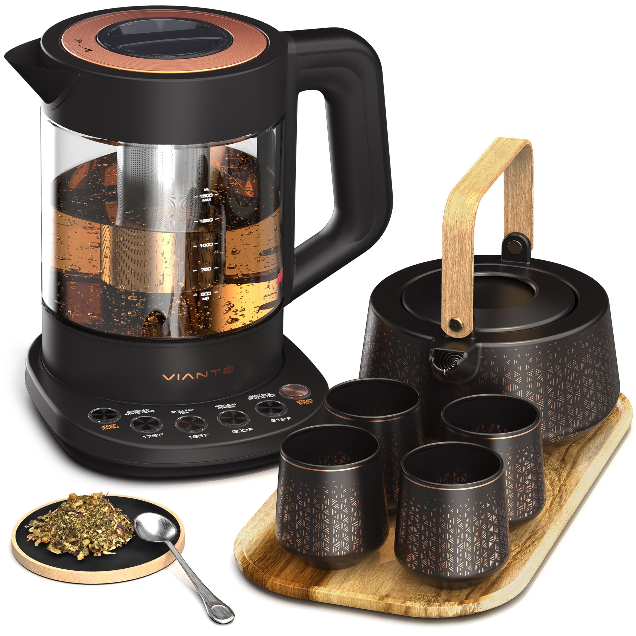 Photo 1 of Vianté Luxury Tea Set. Electric Kettle with Infuser for Loose Leaf And Ceramic Serving Set. Teapot and Cup Set with Wooden Tray. Excellent Gift Idea For Tea Lovers.