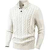 JMIERR Men's Wool Blend Cable Knit Sweater Casual Long Sleeve Button Stand Collar Old Money Pullover Sweaters