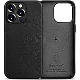 Belemay Compatible with iPhone 12 Pro Max Leather Case, Compatible with MagSafe - Luxury Tumbled Leather - Metal Buttons & Lens Protector - Slim Fit&Durable - Distinctive Texture (6.7-inch) - Black