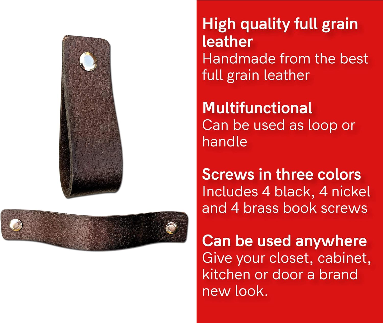 Brute Strength, Leather Handles for Furniture, Brown, 2 pcs, 16,5 x 2,5 cm, Cabinet Handle, Door Handle for Kitchen Bathroom - Image 3