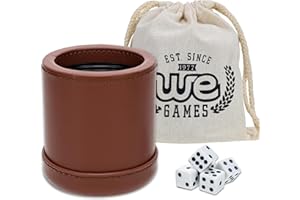 WE Games Professional Handmade Cognac Brown Leather Dice Cup Set, Comes with 5 Standard Game Dice & Cloth Bag, Dice Roller for Liars Dice Farkle & Board Games, Durable Stitched Dice Cups