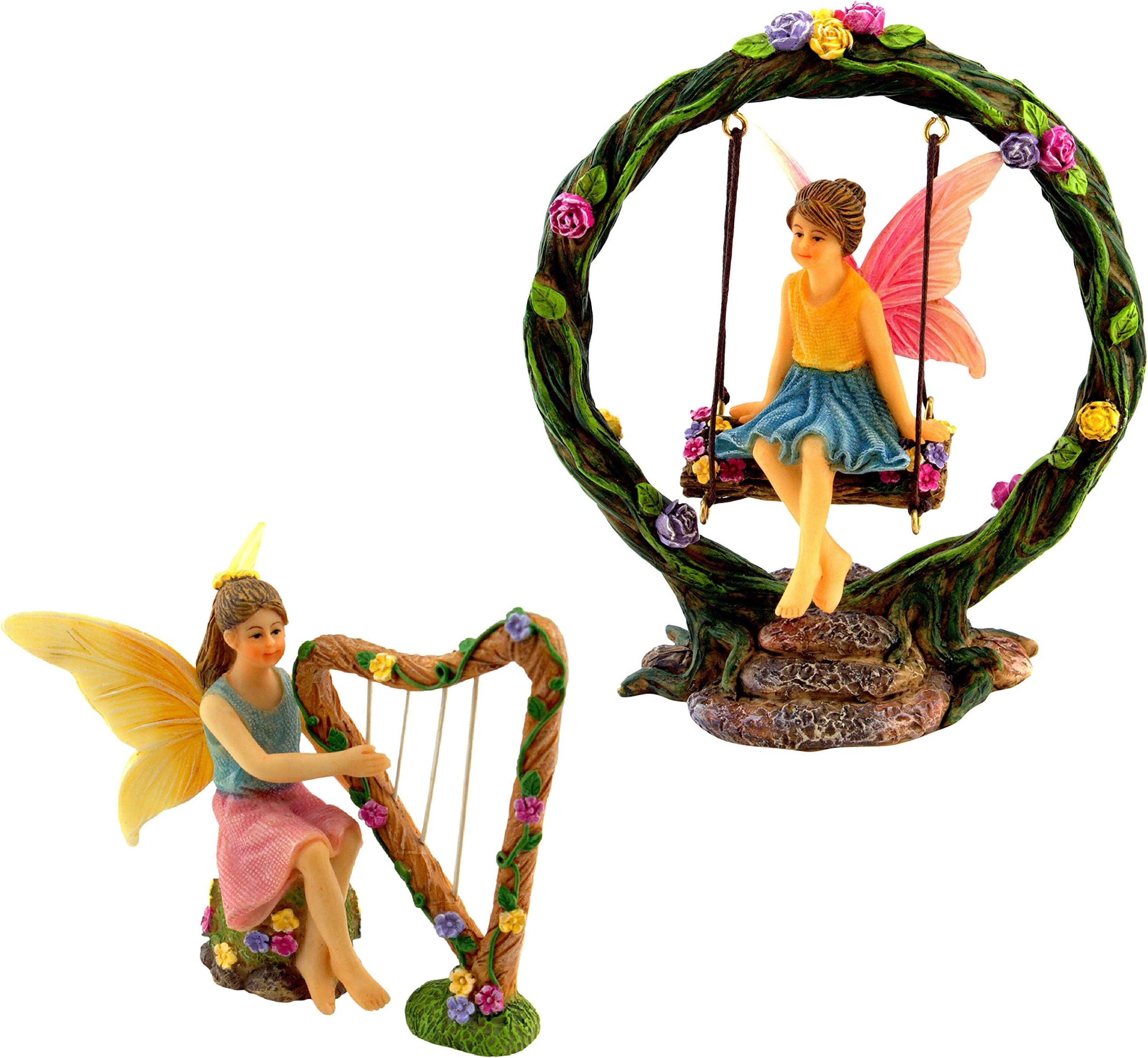 PRETMANNS Fairy Garden Accessories Kit - 2 Miniature Fairy Figurines & Swing Set - 4 Pieces