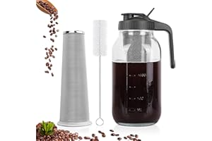 Cold Brew Coffee Maker,64 oz Mason Jar Pitcher with Stainless Steel Filter, Pour Spout Handle Lid, Heavy Duty Glass Airtight & Leak-Proof for Iced Coffee,Tea & Lemonade