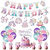 Happy Birthday Decorations Macaron Birthday Banner for Girls Purple Pink Balloons Hanging Swirls Cupcake Toppers Pink Party Decorations Girls 5th Bday Baby Shower Supplies