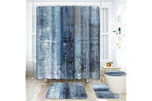 ArtSocket 4 Pcs Shower Curtain Set Blue Grey Abstract Painting Gray Vintage Retro with Non-Slip Rugs Toilet Lid Cover and Bath Mat Bathroom Decor Set 72" x 72"