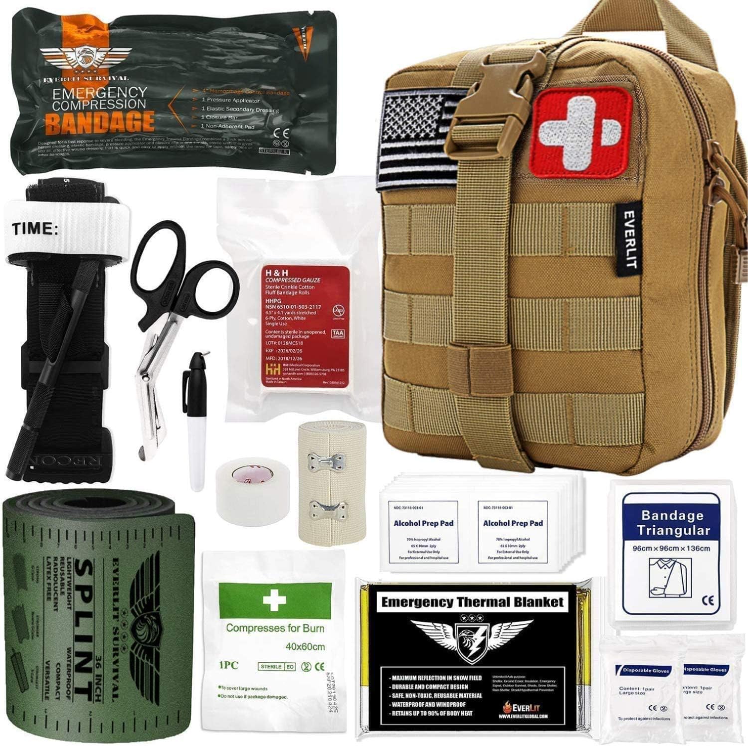 Everlit Emergency Trauma Kit, Multi-Purpose SOS Everyday Carry IFAK for Wilderness, Trip, Cars, Hiking, Camping, Father’s Day Birthday Graduation Gift for Him Men Husband Dad Boyfriend and More (Tan): Health & Personal Care