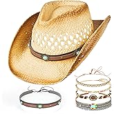 Straw Cowboy Hat for Women & Men Western Cowgirl Hat Woven Sun Hat Adjustable Decorative Cowboy Hats with 5 Detachable Decorative Bands for Party Beach Travel & Outdoor Brown