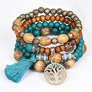 4 Pcs Bohemian Vintage Multilayer Tassel Elastic Bracelet Set, Natural Beads with Turquoise Accent, Handmade Jewelry for Wome