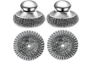 YZRIZX 2Pack Stainless Steel Wool Scrubber with Handle, Dish Scrubbers with 2 Pcs Replacement Scrubbing Scouring Pad, Cleaning Brush for Heavy Duty Pots, Pans, Grills, Sink