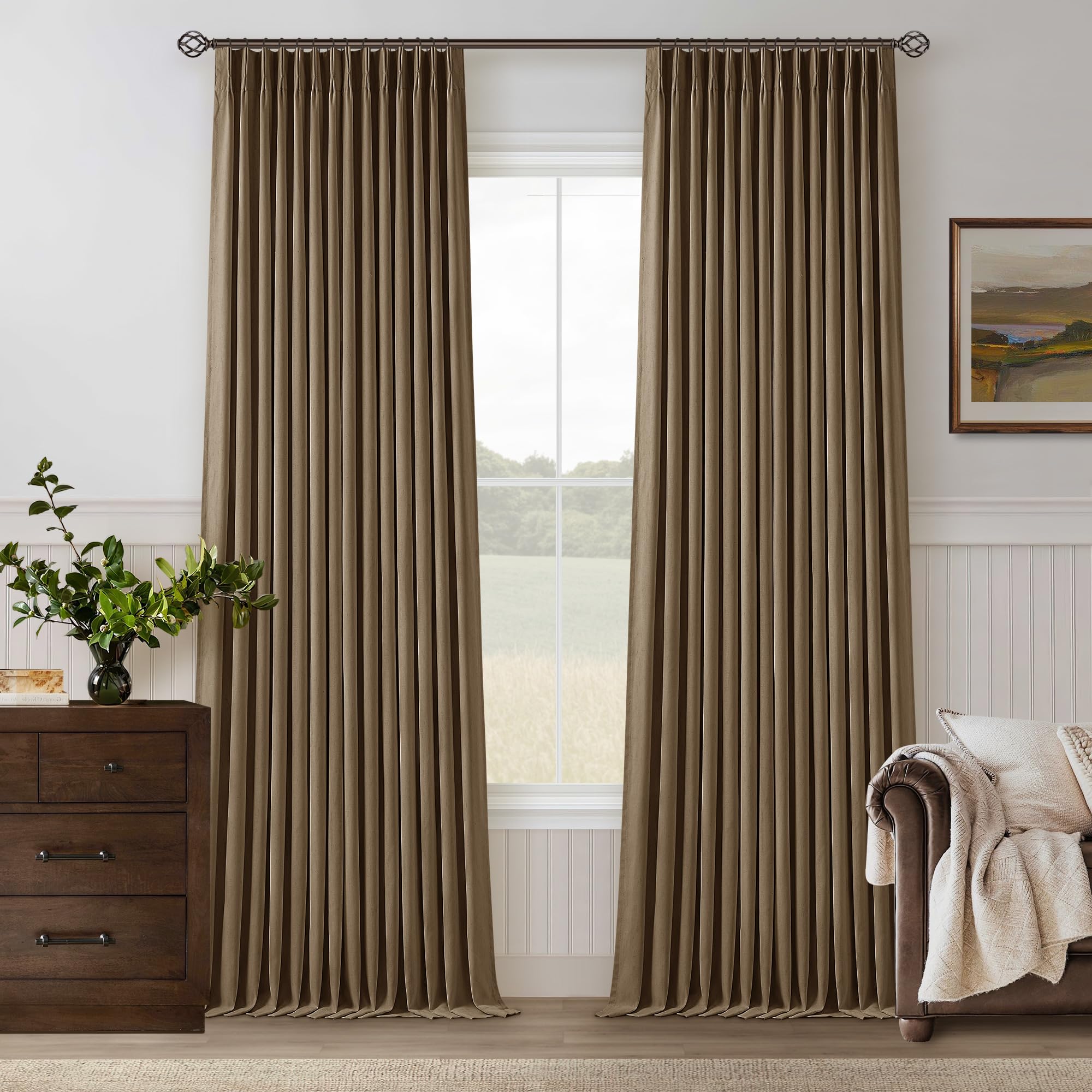 Photo 1 of TWODRAPES Dutch Cocoa Pleated Linen Blackout Curtains 102 Inches Long for Bedroom Living Room Pinch Pleat Black Out Thermal Insulated Ring Hooks Room Darkening Drapes Brown Curtains with Liner 40x102