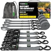 Rhino USA Heavy Duty Ratchet Tie Downs (4-Pack) - 1.6in x 8ft, 5,000lb | 5,000lb Break Strength. Manual Ratchet w/ Safety S Hooks &amp; Soft Loops. For Trucks, ATV, UTV, Motorcycle &amp; Cargo. Gray