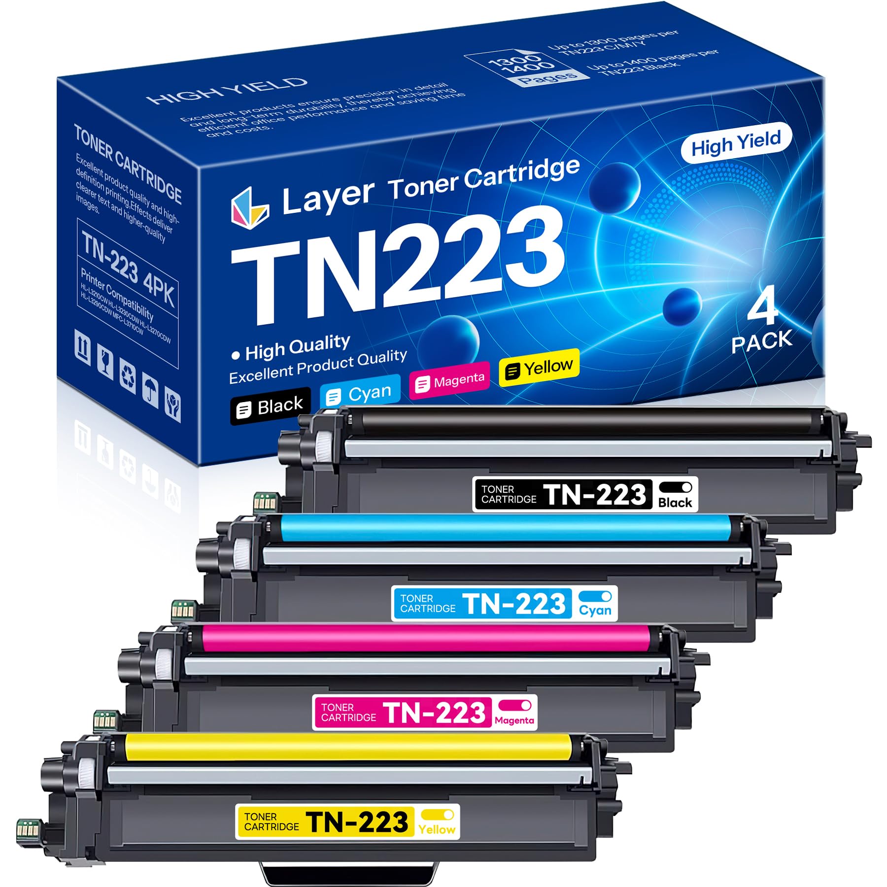 Photo 1 of TN223BK/C/M/Y Toner Cartridge 4 Pack Compatible TN-223 Replacement for Brother TN223 HL-L3270CDW HL-L3290CDW HL-L3210CW MFC-L3710CW MFC-L3750CDW Toner Printer