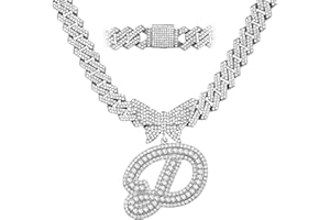 JNCTCOE Cuban Link Chain for Women Cursive Silver Initial 14MM Diamond Prong Cuban Chain Hip Hop Iced Out Chain Necklace Butterfly Initial Letter Name Necklaces for Women