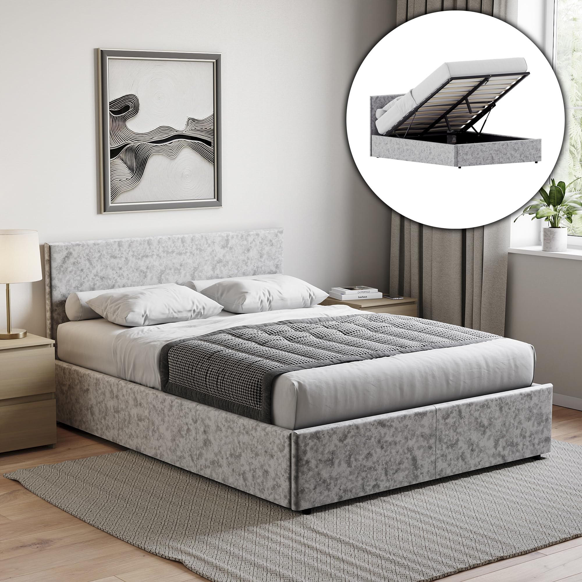 Vida Designs Veronica Double Ottoman Bed, 4Ft6 Bed Frame Storage Lift Upholstered Fabric Headboard Bedroom Furniture, Silver Velvet (UKFR Certified)